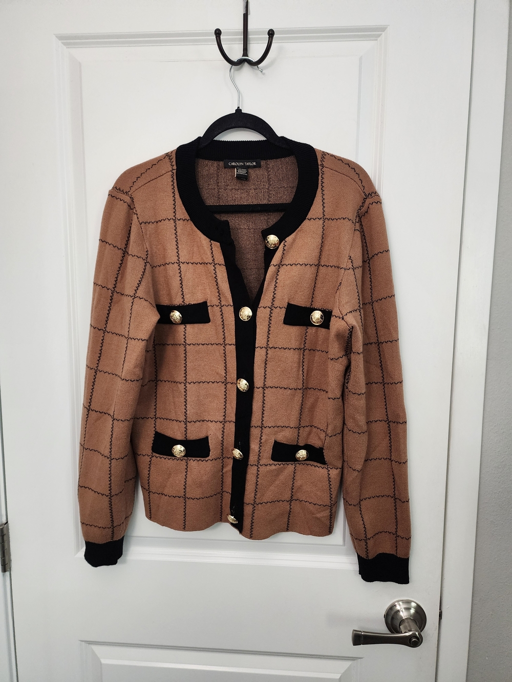 Carolyn Taylor Camel Check Knit Jacket with Black Trim
